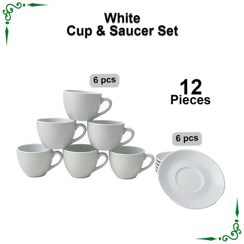 White Super Cup and Saucer Set for Tea and Coffee 12pcs Set