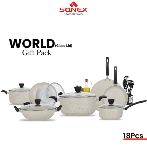 Sonex Nonstick World Gift Pack with (Glass Lid) - 18pcs